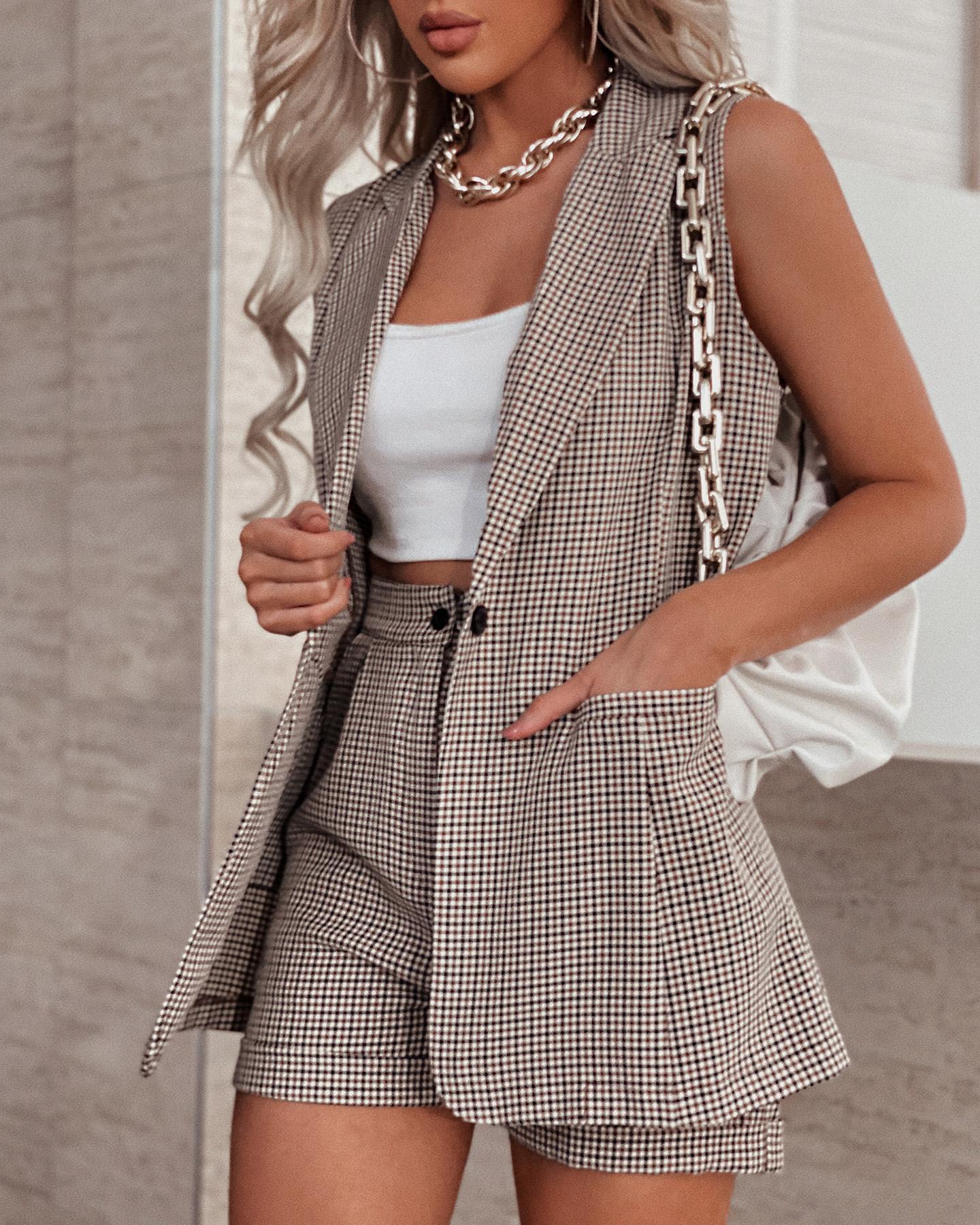 

Checker Sleeveless Blazer Coat & Shorts Set, Khaki