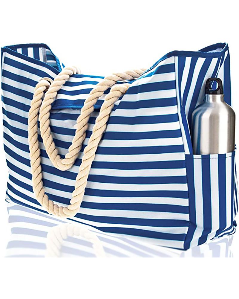 

Phone Case Rope Handles Striped Print Beach Bag, Blue