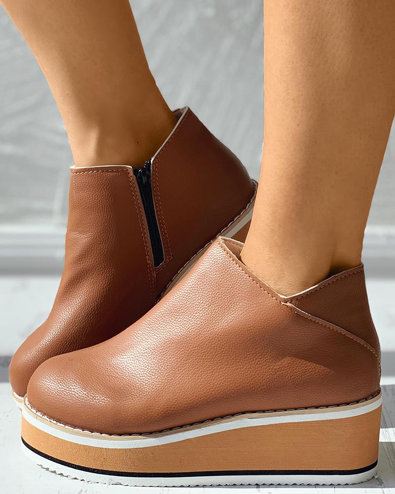 

Side Zip Colorblock Wedge Shoes, Brown