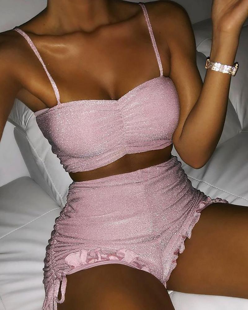 

Glitter Ruched Crop Top & Frill Hem Drawstring Shorts Set, Pink