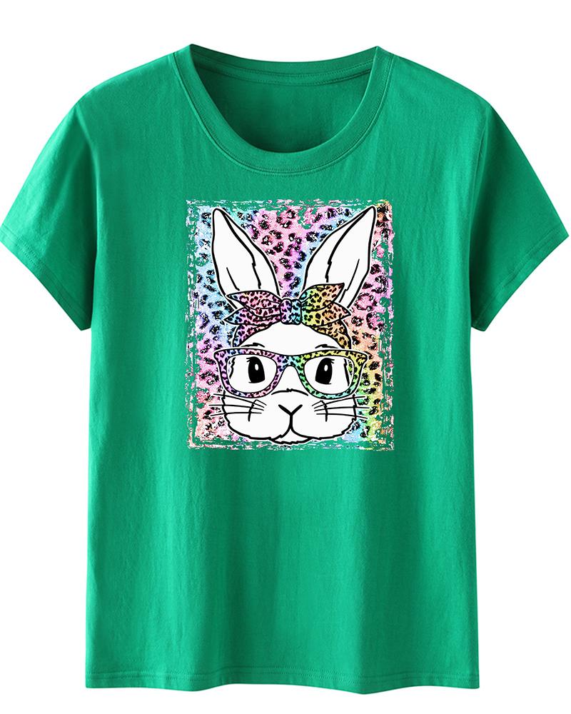 

Easter Leopard Bunny Print Casual T-shirt, Green