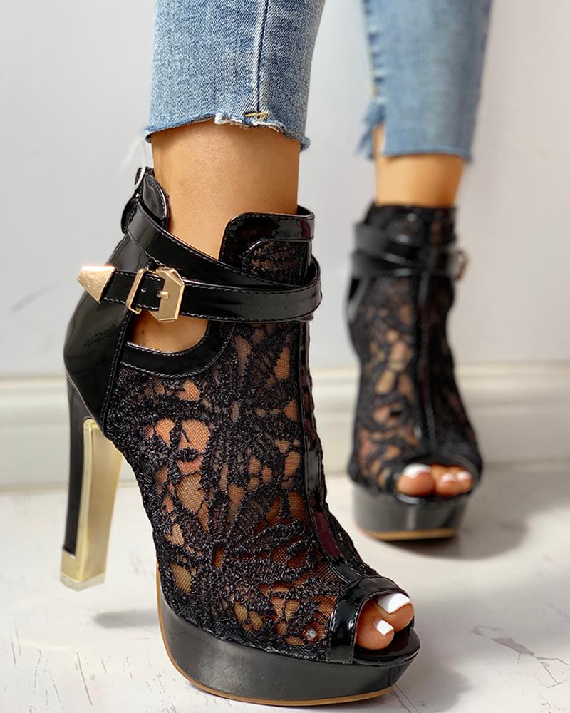 

Peep Toe Ankle Buckled Lace Embroidery Thin Heeles, Black