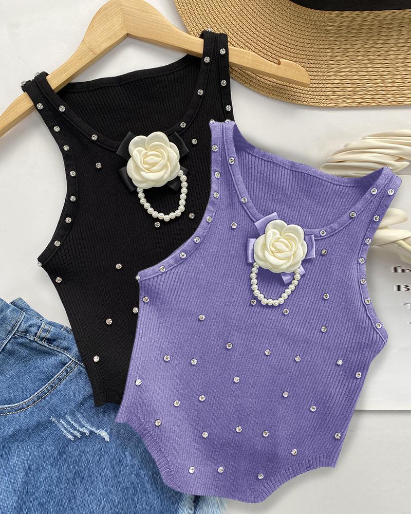 

Floral Pattern Rhinestone Pearls Decor Knit Tank Top, Purple