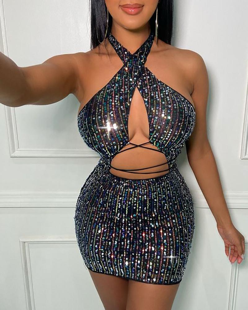 

Cutout Front Halter Backless Sequins Dress, Black