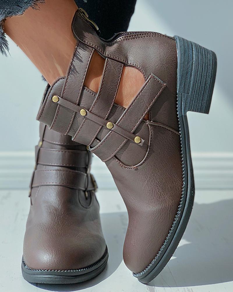 

Eyelet Buckled Plain Chunky Boots, Brown