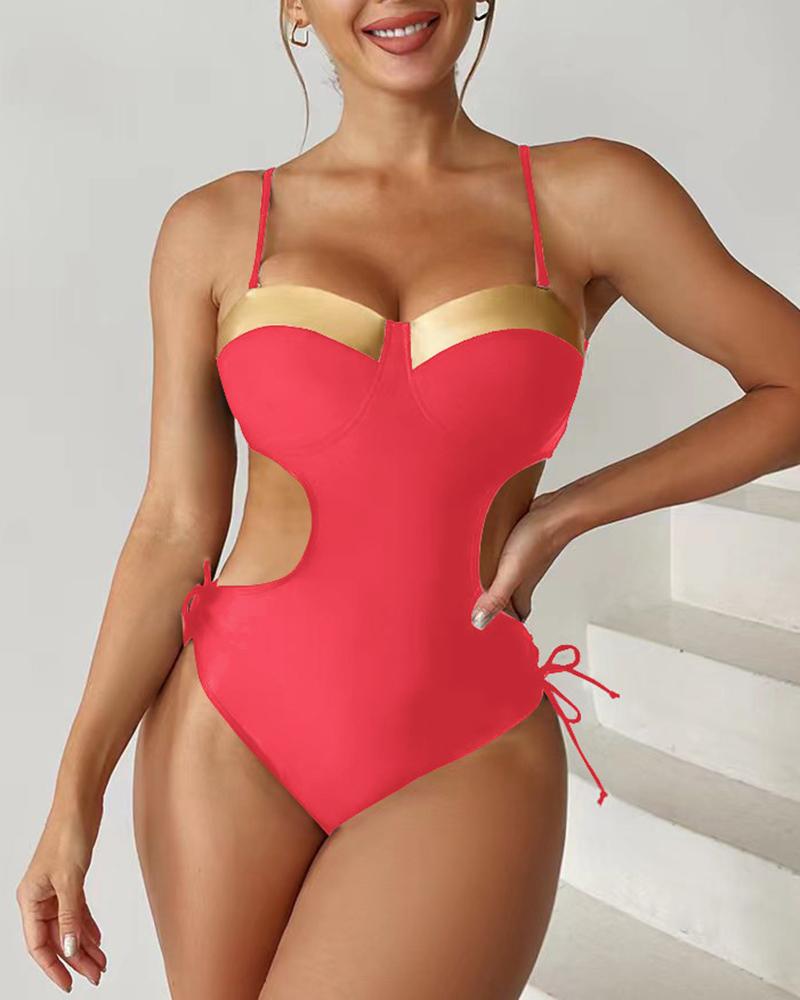 

Contrast Paneled Cutout Drawstring One Piece Swimsuit, Hot pink