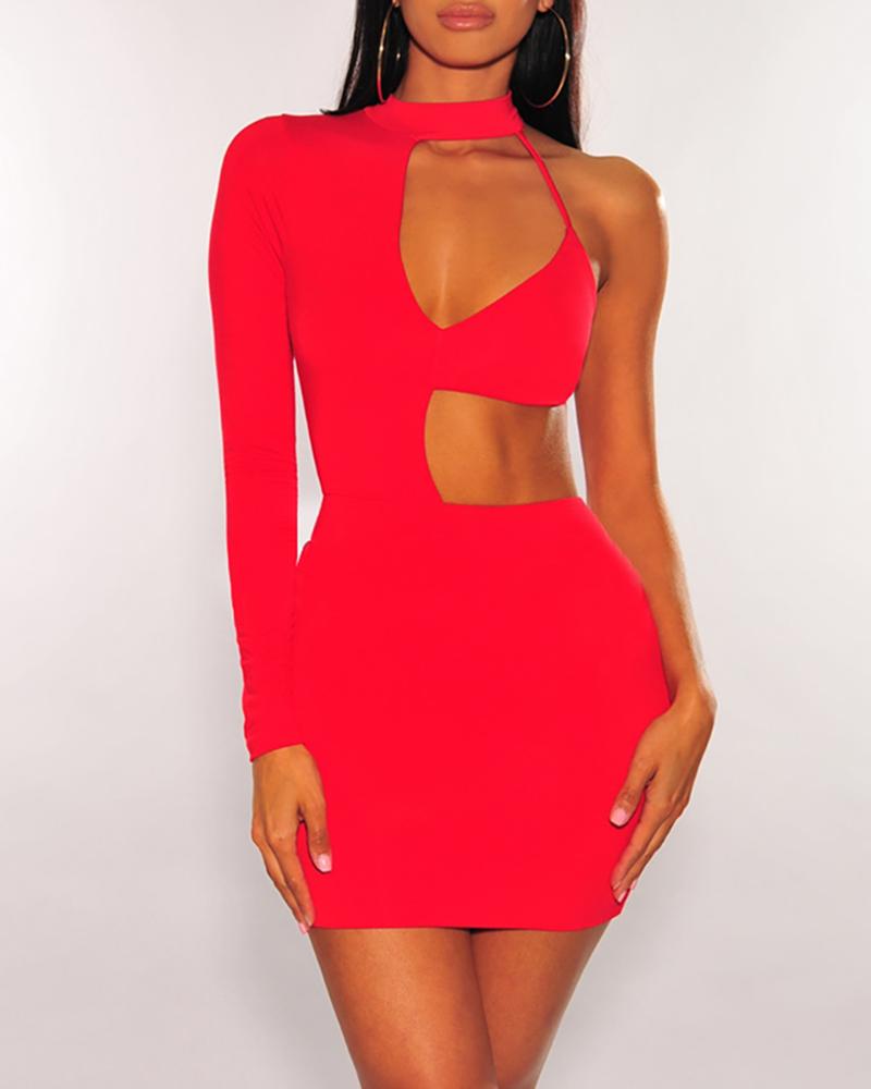 

Solid Mock Neck Hollow Out Backless Bodycon Dress, Red