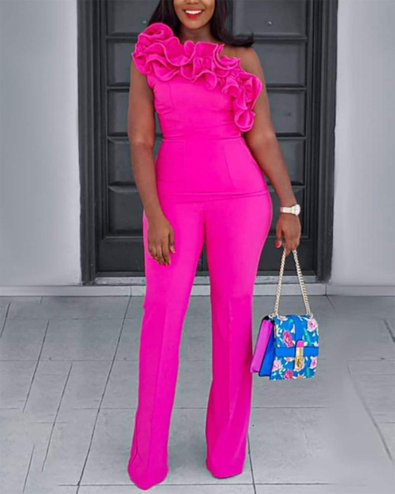 

Ruffle Hem One Shoulder Jumpsuit, Rose red