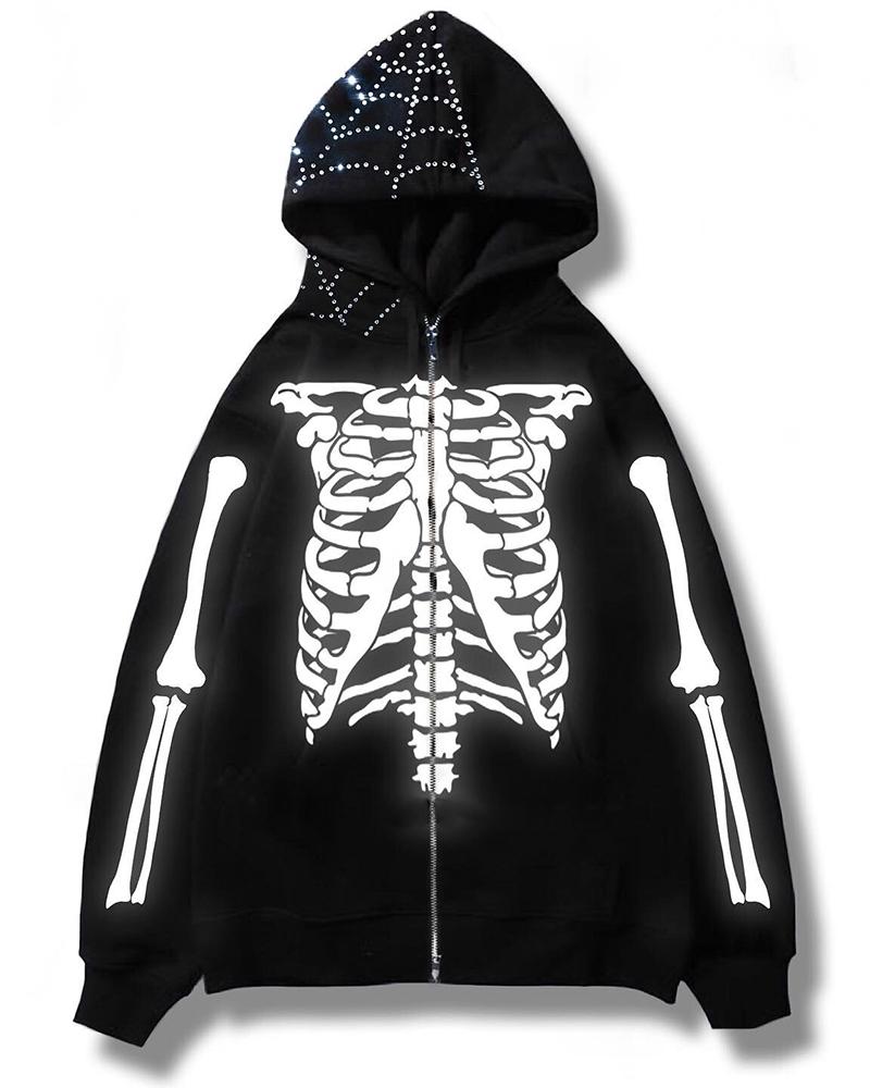 

Halloween Rhinestone Skeleton Print Hoooded Sweatshirt, White