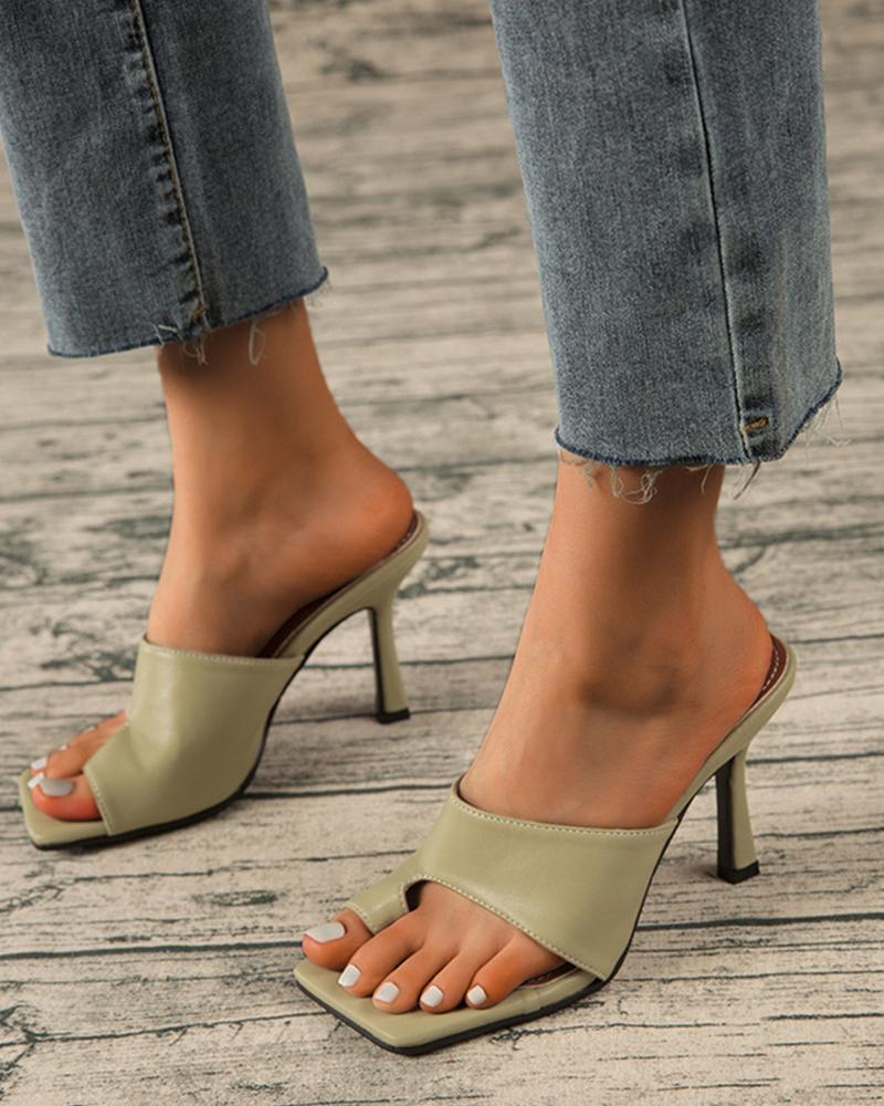 

Solid Post-toe Sqaure-toe High Heel Sandals, Green