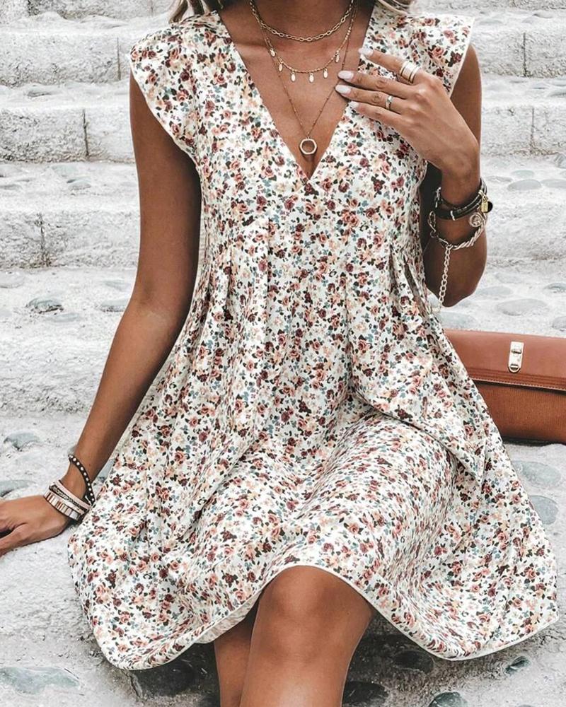 

Ditsy Floral Print Plunge Flutter Sleeve Casual Dress, Apricot