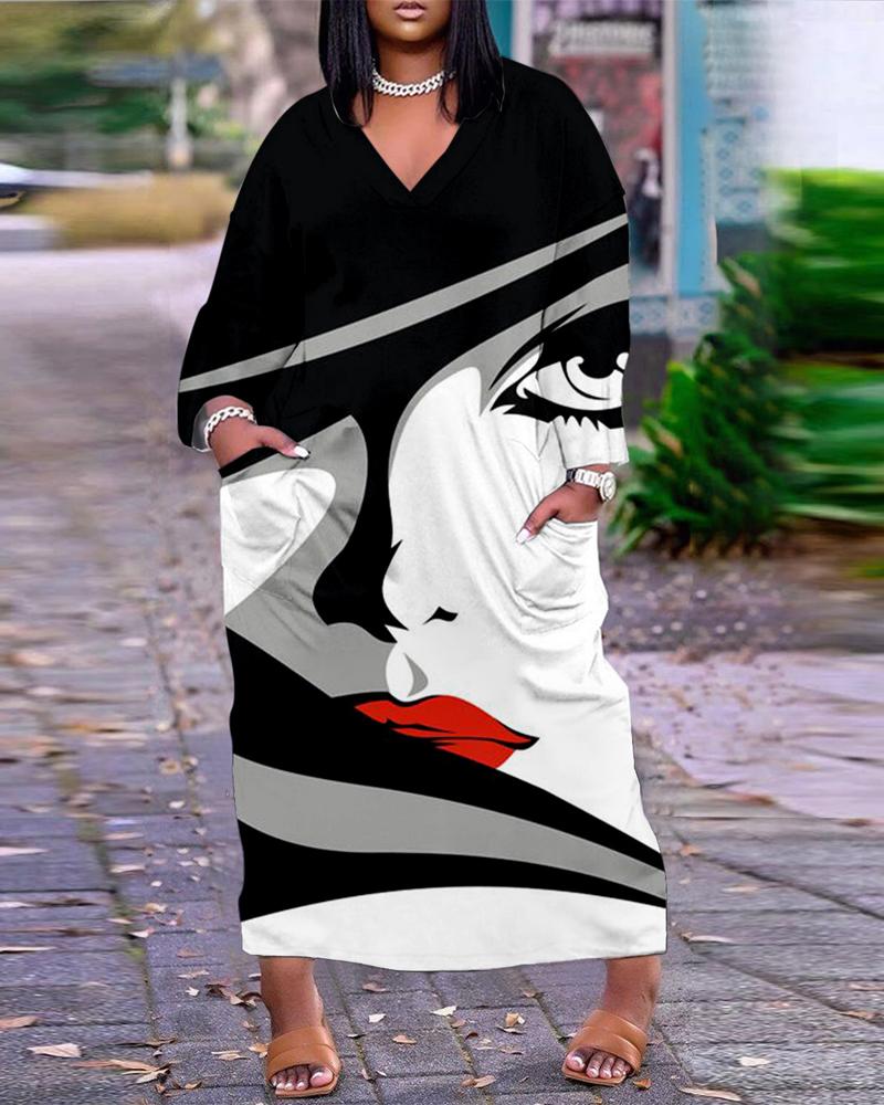 

Plus Size Abstract Figure Print Pocket Design Maxi Dress, Blackwhite