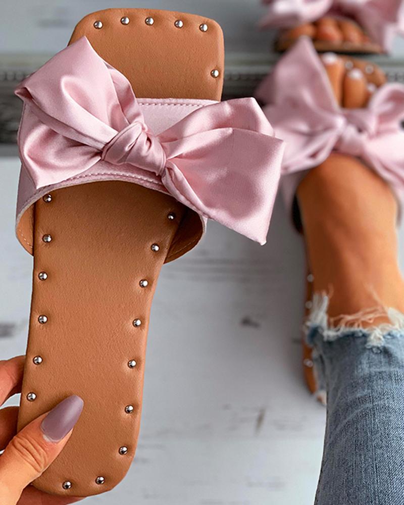 

Satin Bowknot Decor Square Toe Flat Sandals, Pink