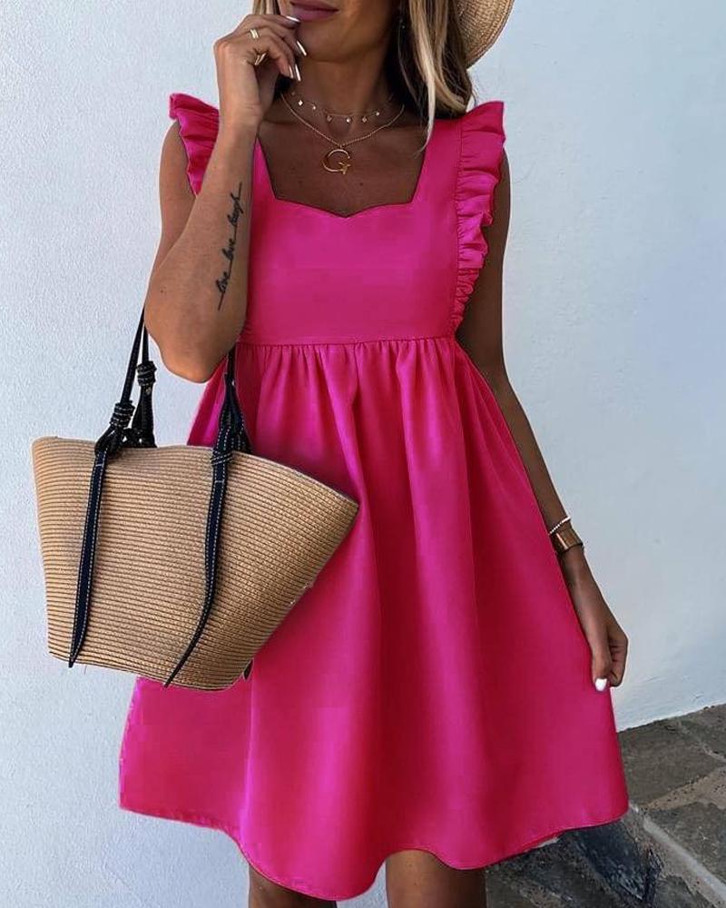 

Flutter Sleeve Ruffles Ruched Casual Dress, Hot pink