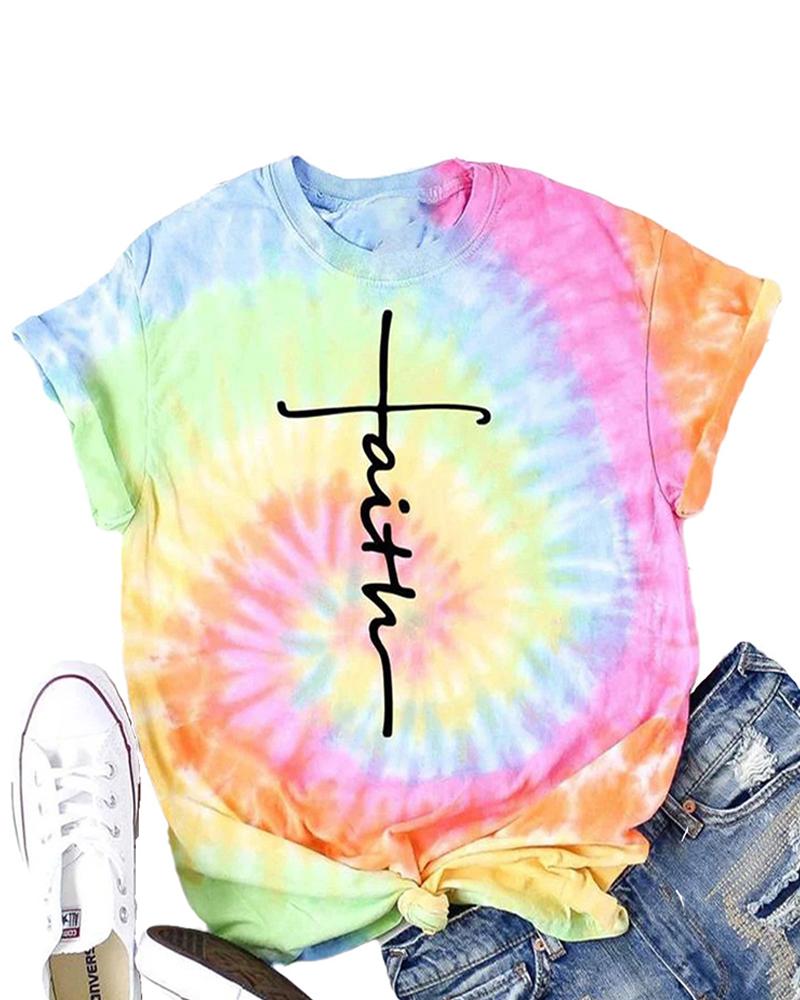 

Round Neck Tie Dye Letter Print Short Sleeve T-shirt, Multicolor