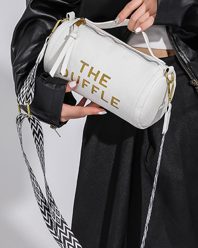 

Letter Print Tape Patch Cylinder Crossbody Handbag, White