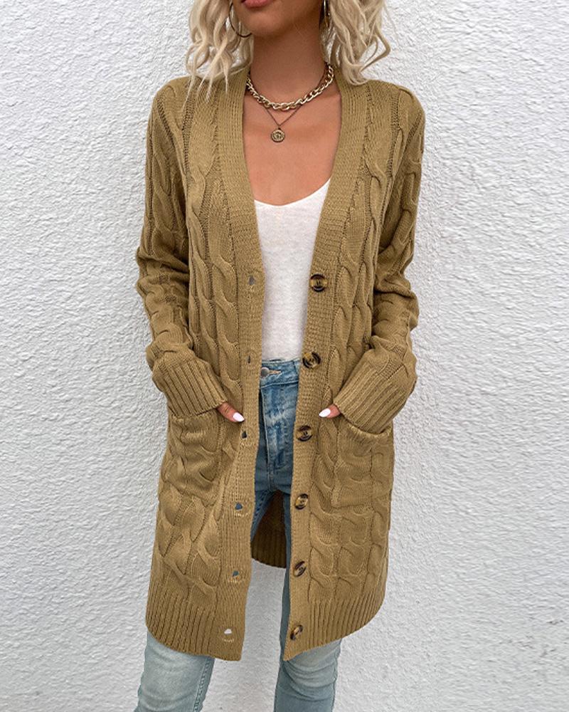 

Long Sleeve Button Up Cable Knit Cardigan, Khaki