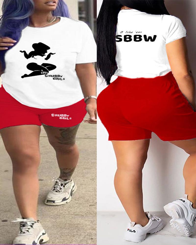 

Plus Size I Love Chubby Girls Print Casual Top & Shorts Set, Red