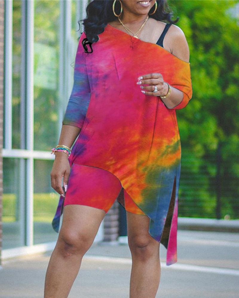 

Tie Dye Slash Neck Asymmetrical Split Top & Shorts Set, Red