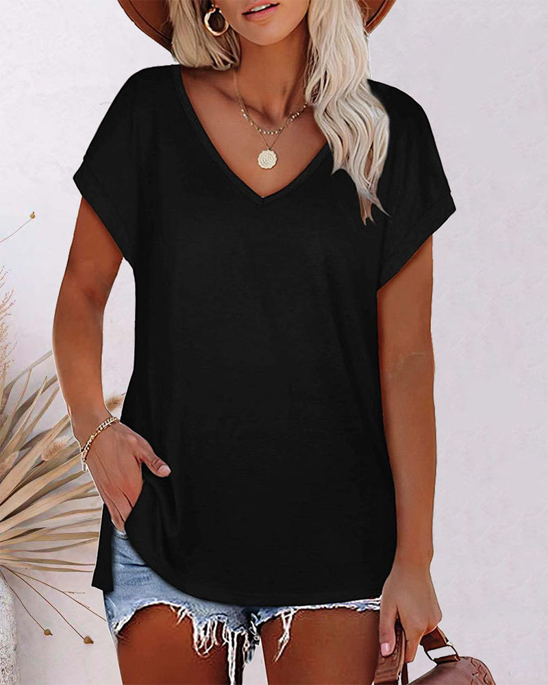

Batwing Sleeve Split Hem Basic T-shirt, Black
