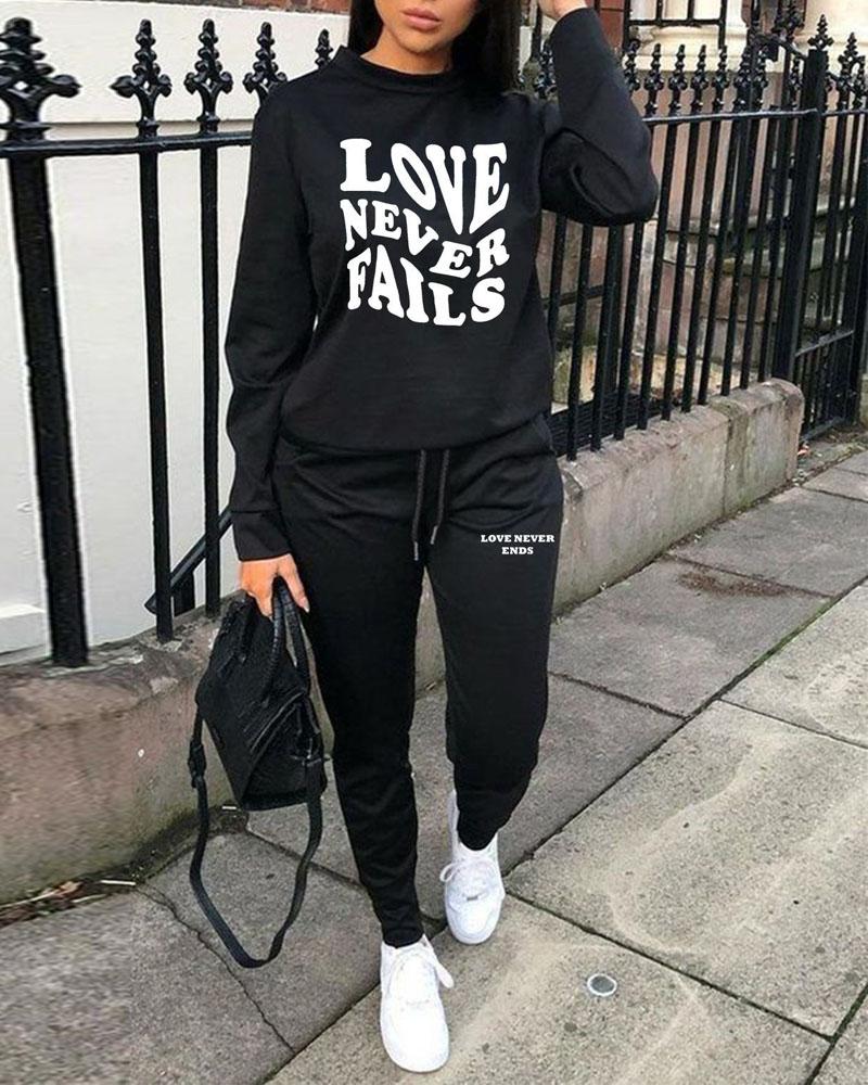 

Plus Size Letter Print Long Sleeve Casual Top & Pants Set, Black