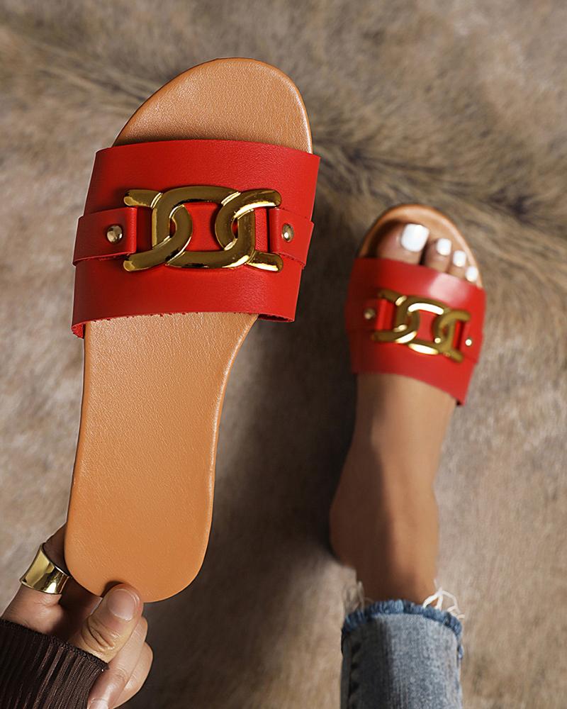

Round-toe Solid Color Splicing Chain Flat Slippers, Red