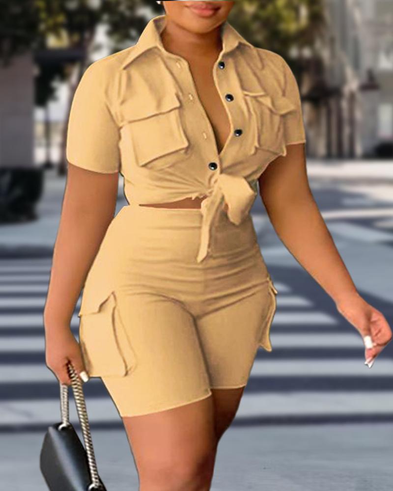 

Plus Size Buttoned Crop Top & High Waist Shorts Set, Khaki