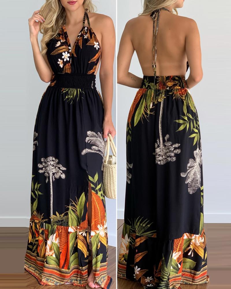 

Floral Print Halter V Neck Maxi Dress, Black