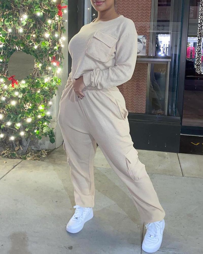 

Pocket Design Plain Top & Pants Set, Apricot