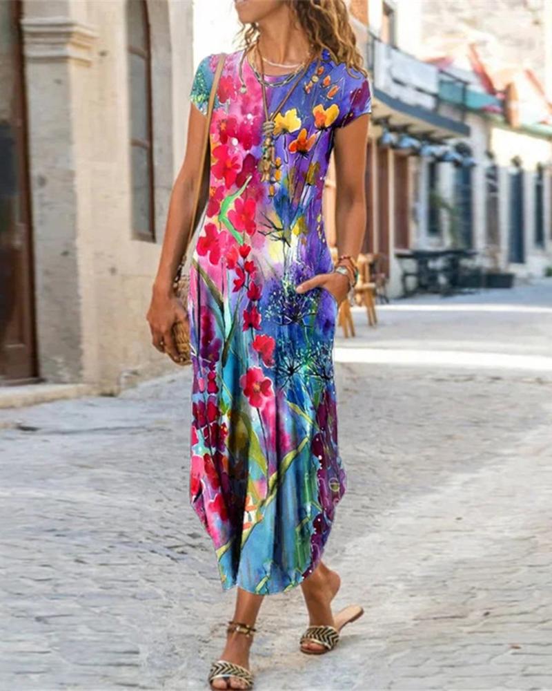 

Floral Print Short Sleeve Maxi Dress, Style4