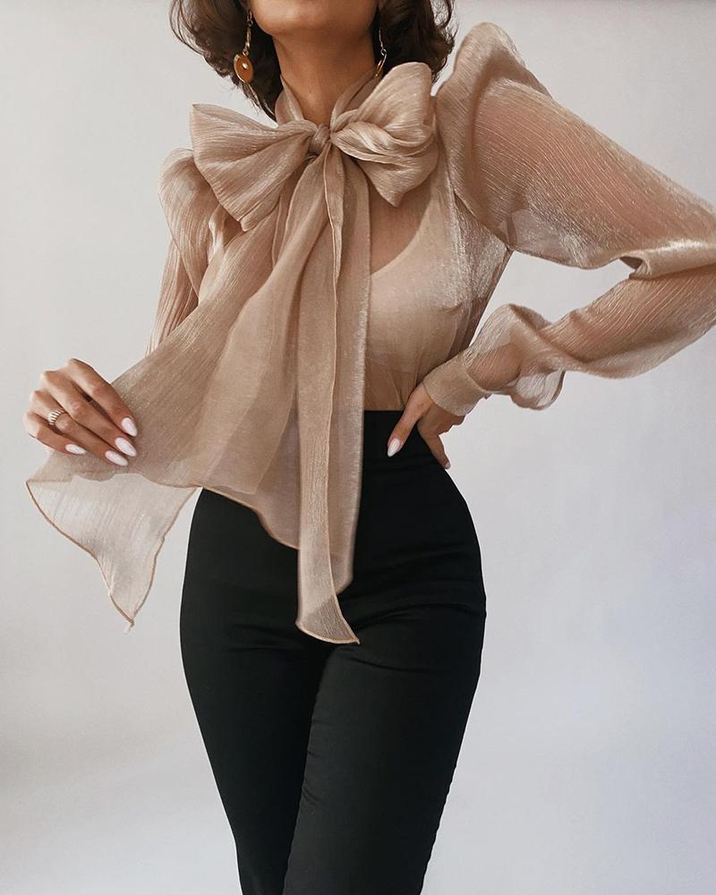 

Puff Sleeve Bowknot Design Sheer Mesh Top, Apricot