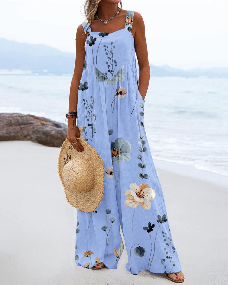 

Floral Print Wide Leg Suspender Jumpsuit, Blue