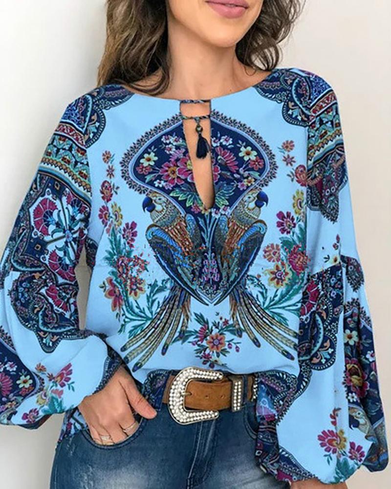 

Exotic Print O-neck Lantern Sleeve Blouse, Blue