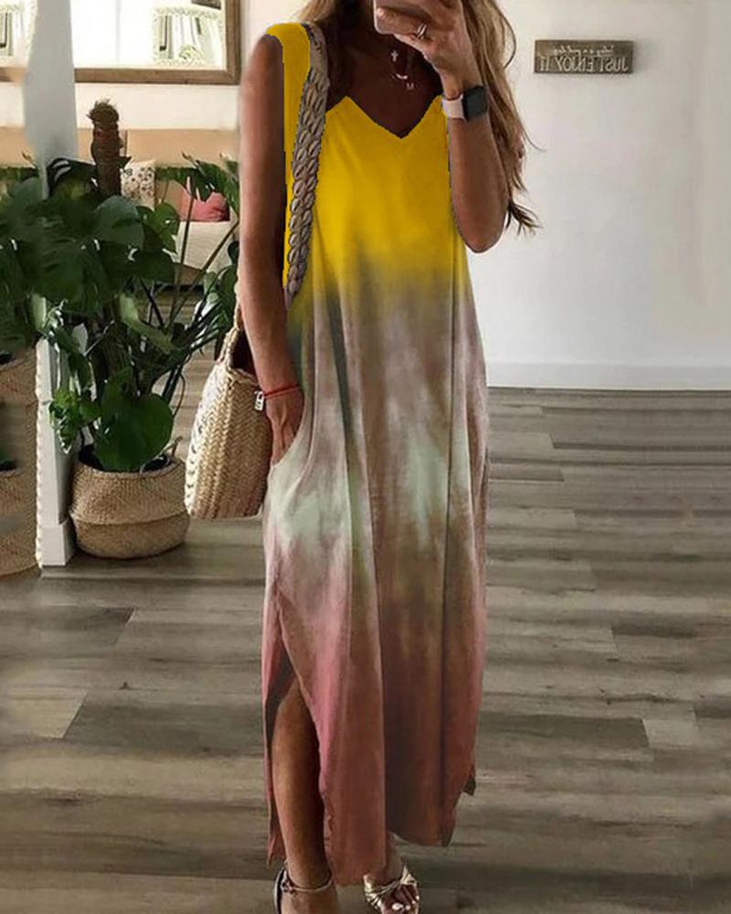 

Tie Dye Print Pocket Design Split Hem Casual Dress, Yellow