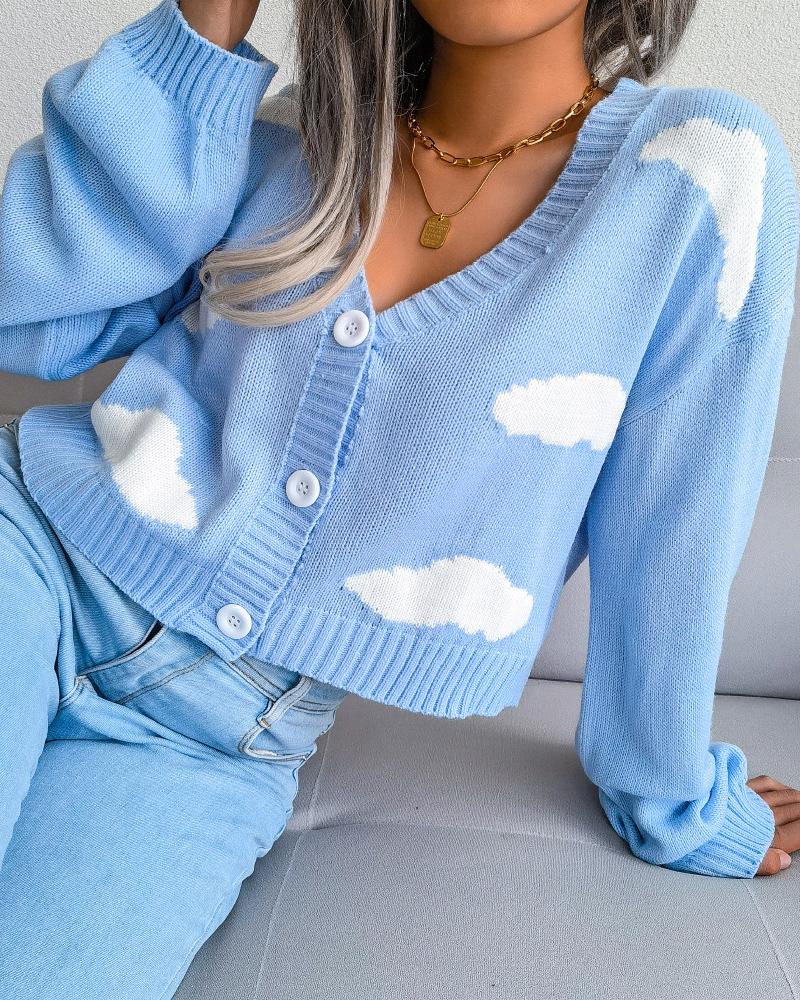 

Cloud Print Long Sleeve Buttoned Cardigan, Blue