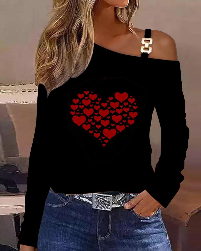 

Valentine' Day Heart Print Cold Shoulder Top, Black