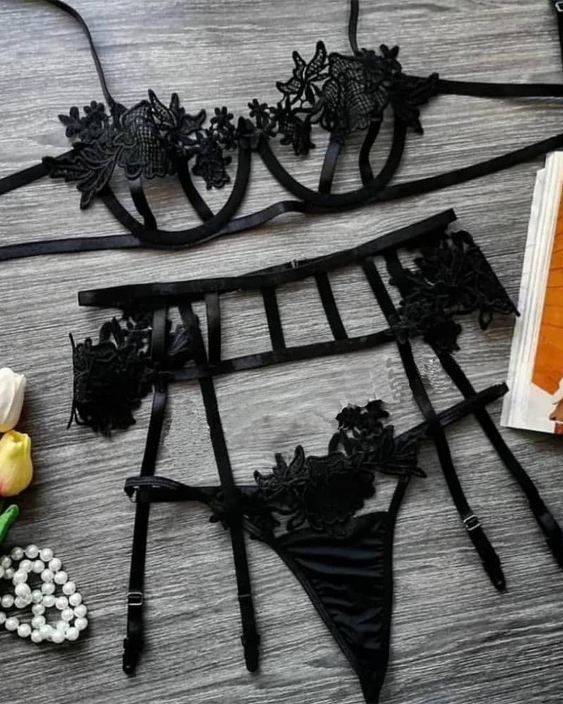 

Cut-Out Floral Lace Garter Lingerie Set, Black