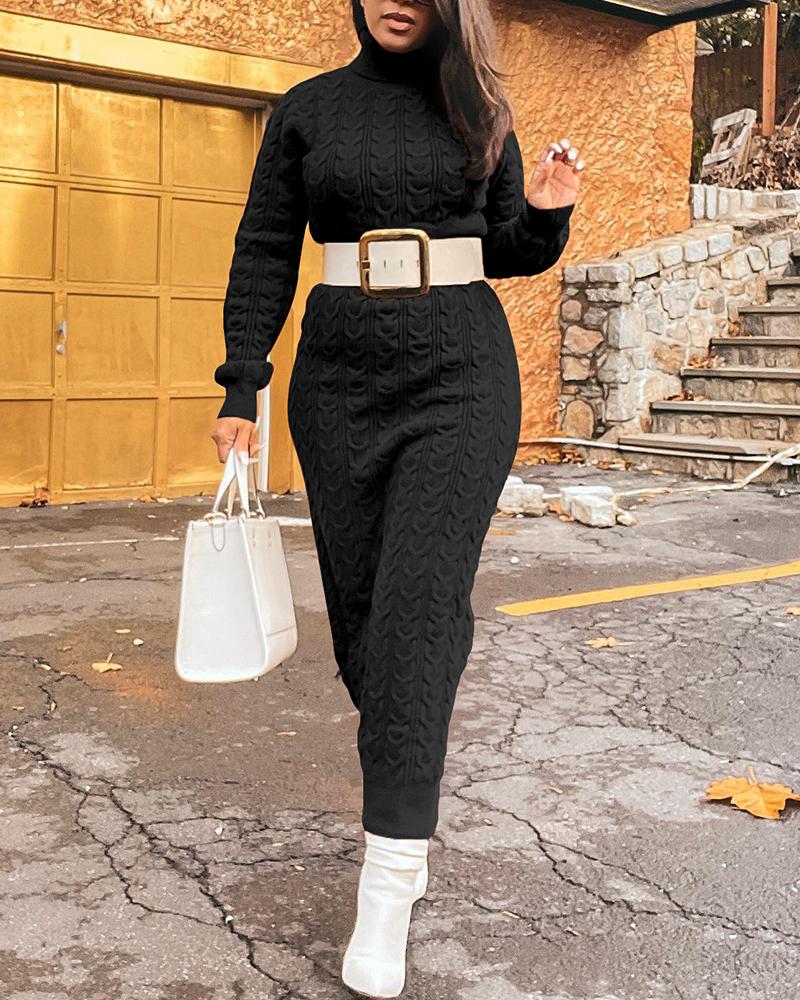 

Cable Knit High Neck Long Sleeve Dress, Black