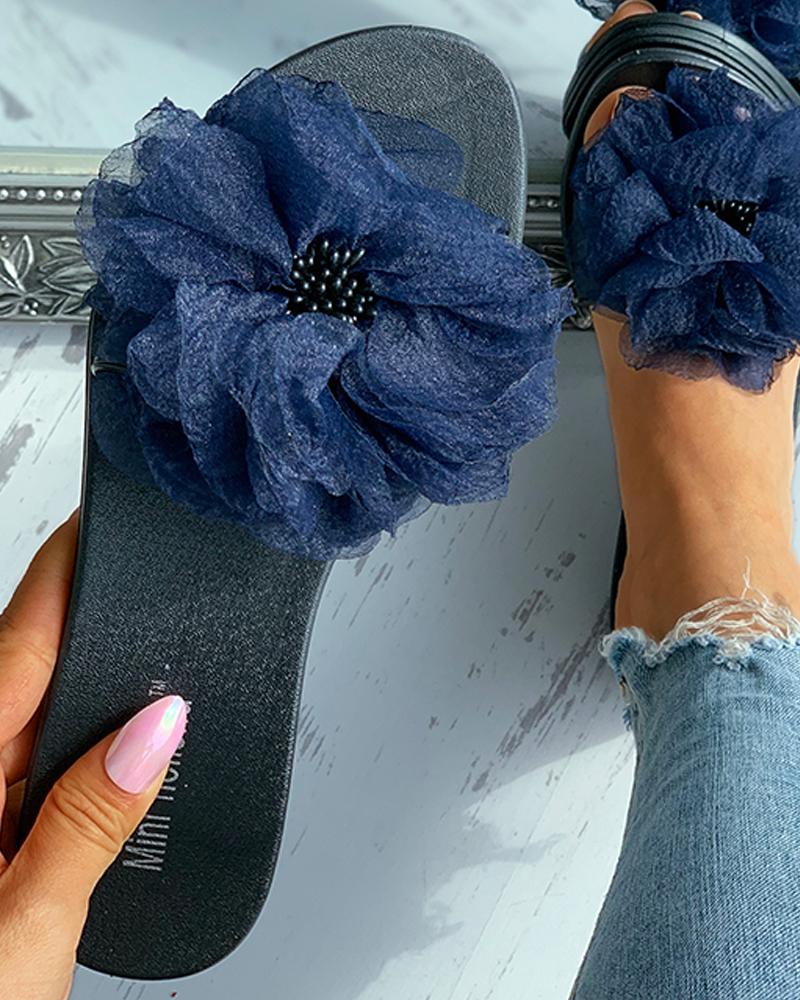 

Floral Pattern Mesh Peep Toe Flat Sandals, Blue