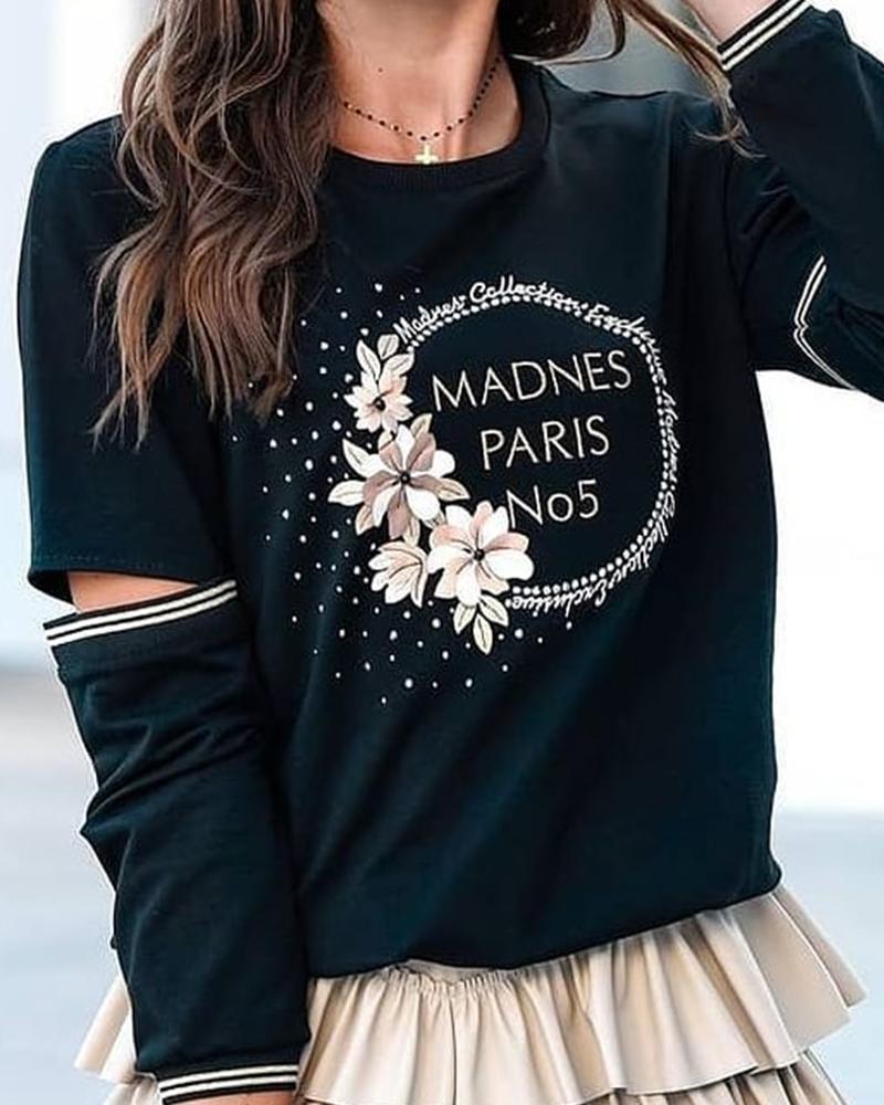 

Floral Letter Print Long Sleeve Cutout Top, Black