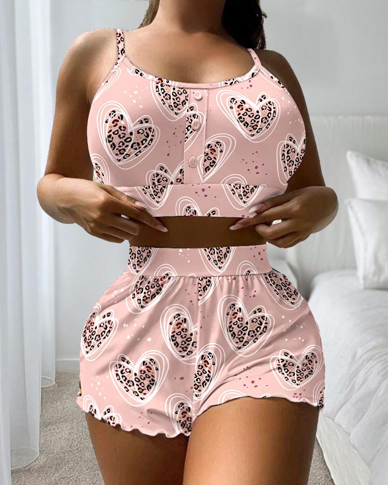 

Plus Size Heart Print U-Neck Button Front Cami Set, Pink