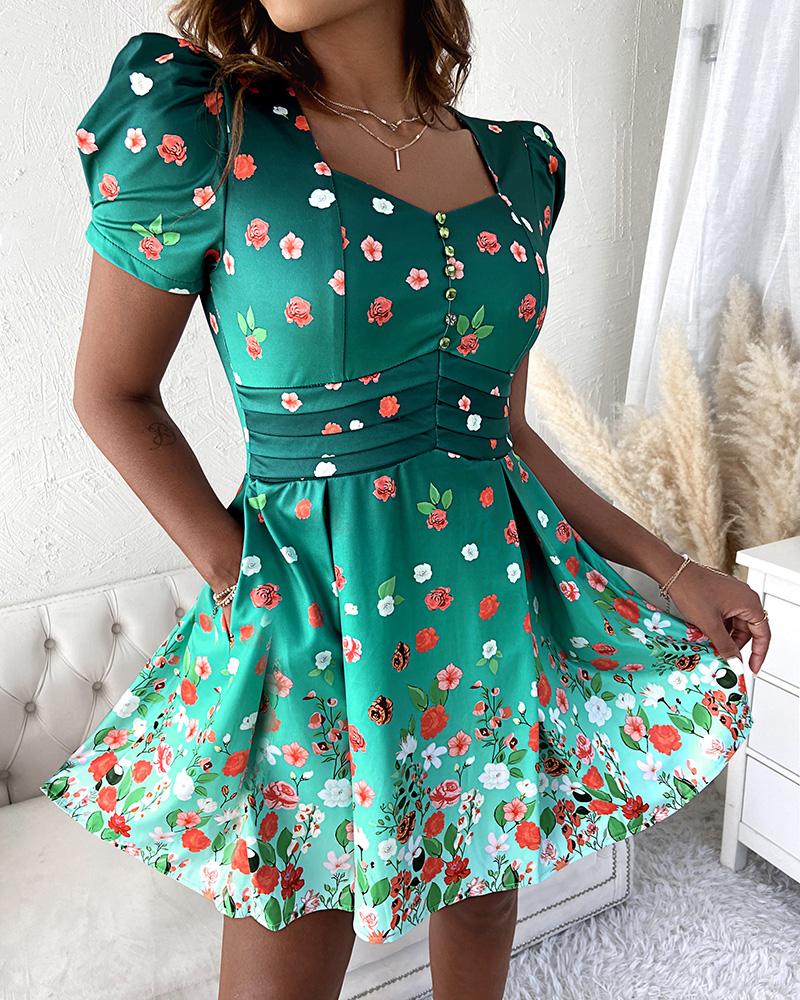 

Floral Print Puff Sleeve Button Decor Dress, Green