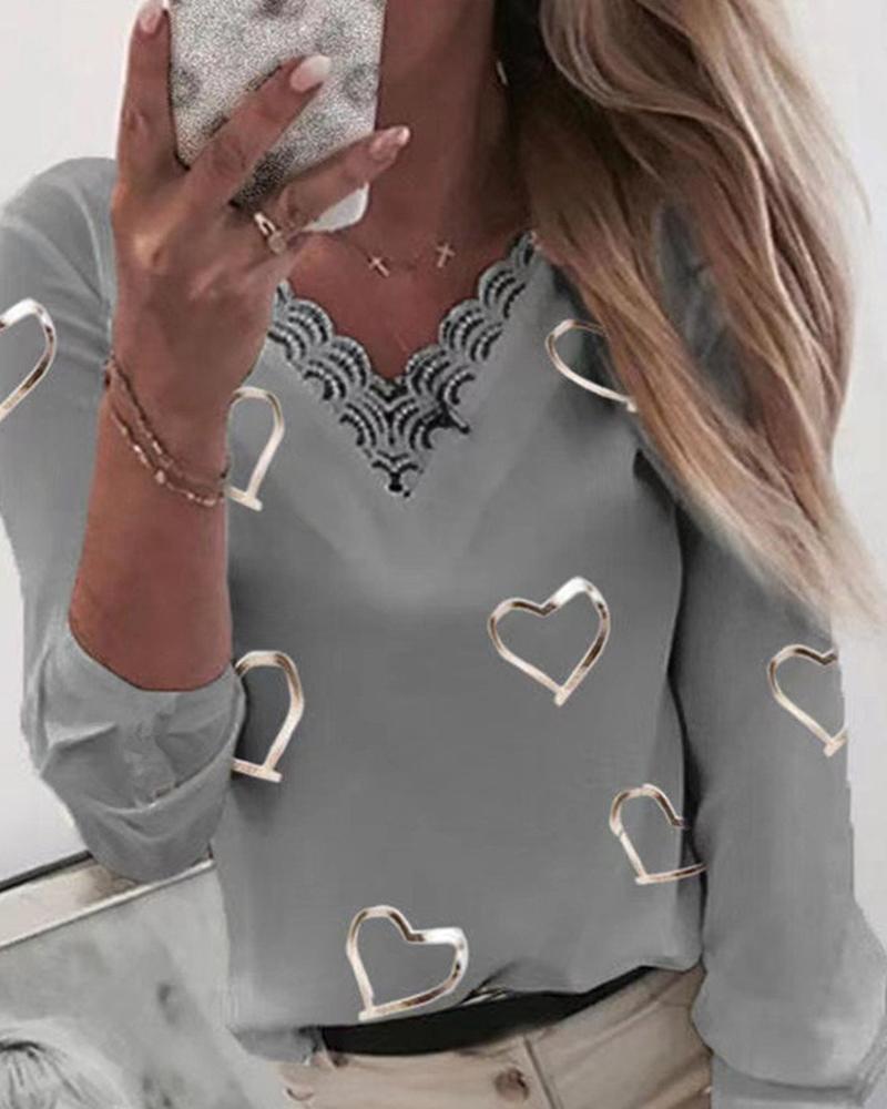 

Heart Print Lace Trim Long Sleeve Women Top, Gray
