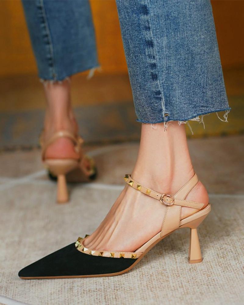 

Studded Decor Suede Patch Pointed Toe Heels, Black