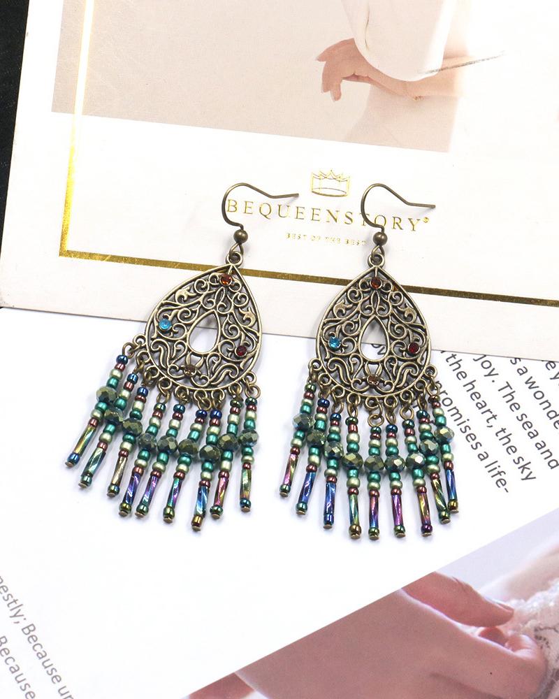 

1Pair Waterdrop Shaped Tassel Design Beaded Drop Earrings, Gold
