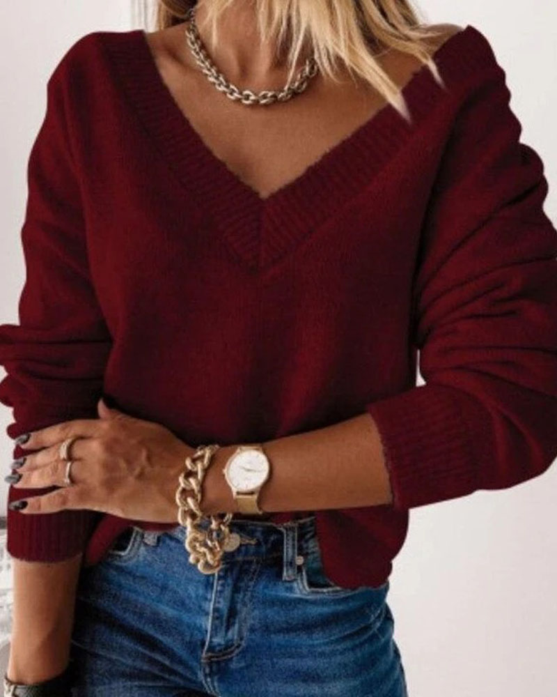 

Plain Long Sleeve Drop Shoulder V-Neck Sweater Casual Rib-knit Top, Wine red