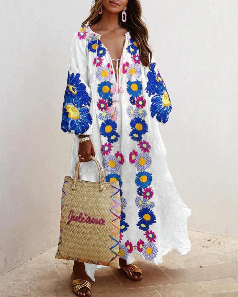 

Floral Print Lantern Sleeve Maxi Dress, Blue