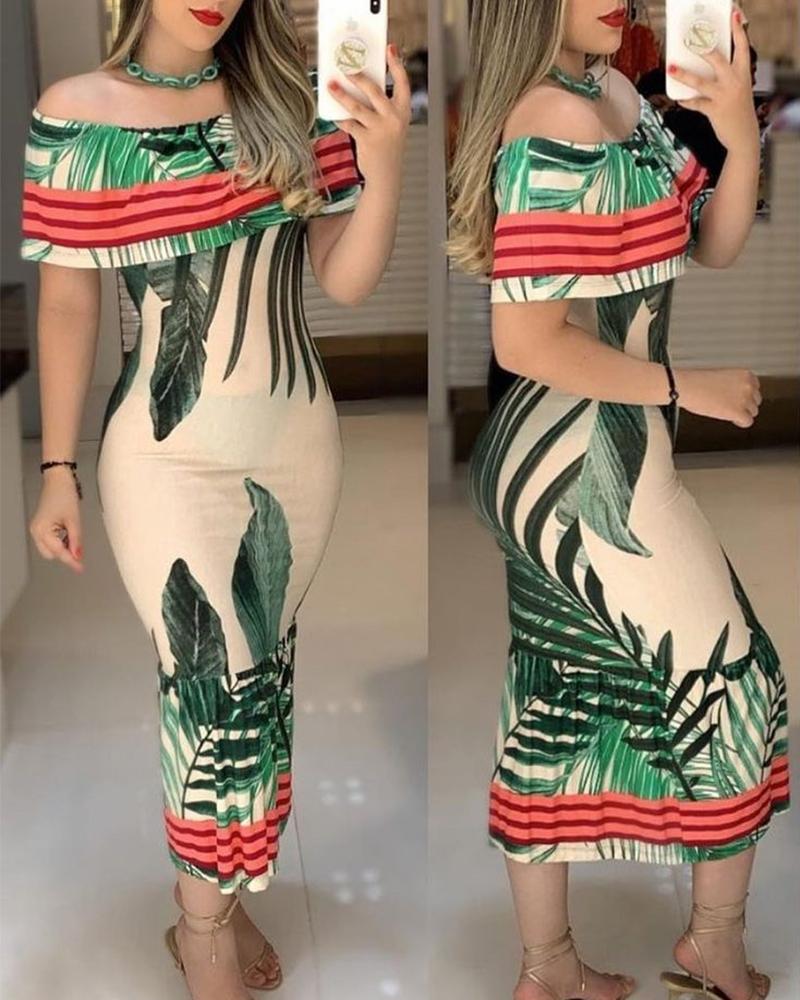 

Tropical Print Off Shoulder Ruffle Trim Bodycon Dress, Green