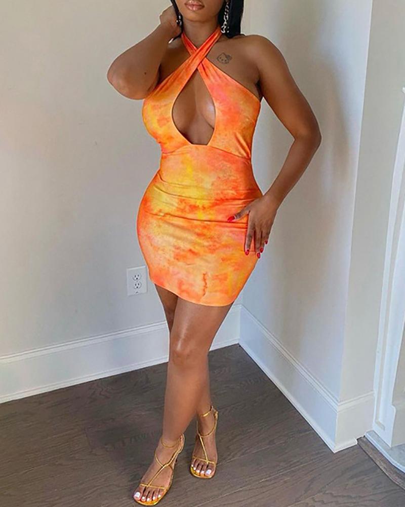 

Halter Cutout Tie Dye Print Bodycon Dress, Orange