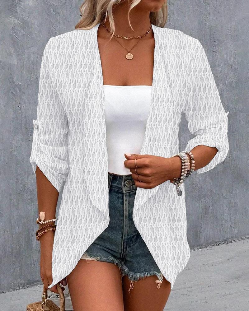 

Roll Up Sleeve Open Front Textured Coat, White